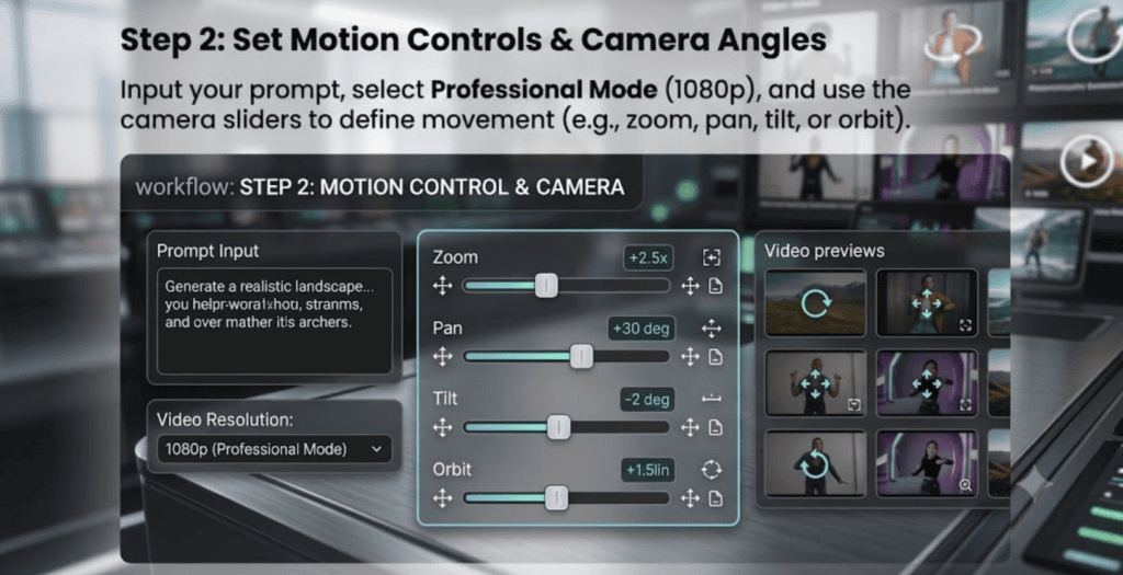 Input your prompt, select Professional Mode (1080p), and use the camera sliders to define movement (e.g., zoom, pan, tilt, or orbit).