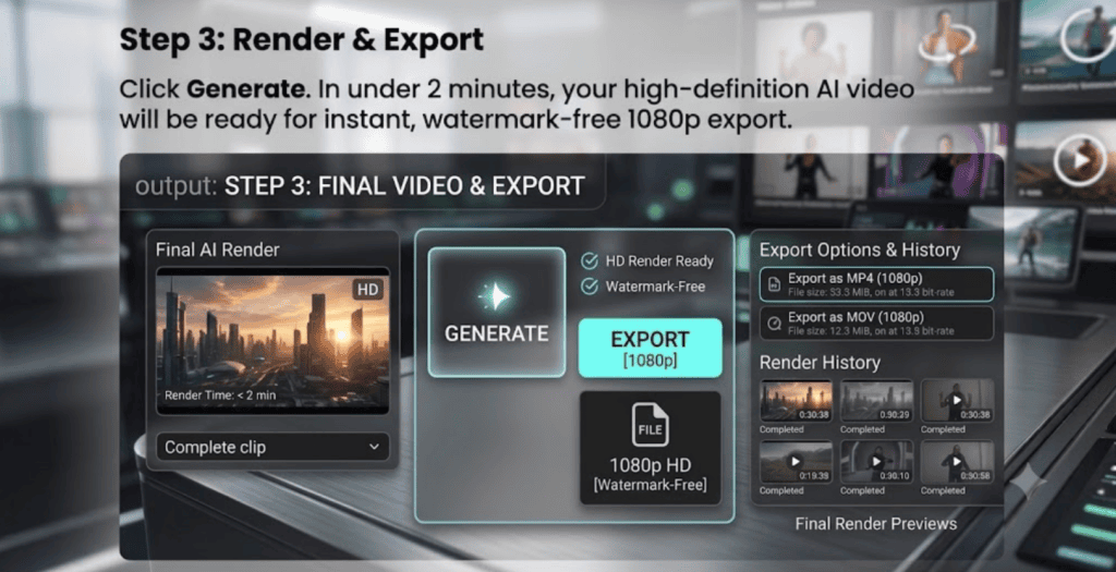 Click Generate. In under 2 minutes, your high-definition AI video will be ready for instant, watermark-free 1080p export.im
